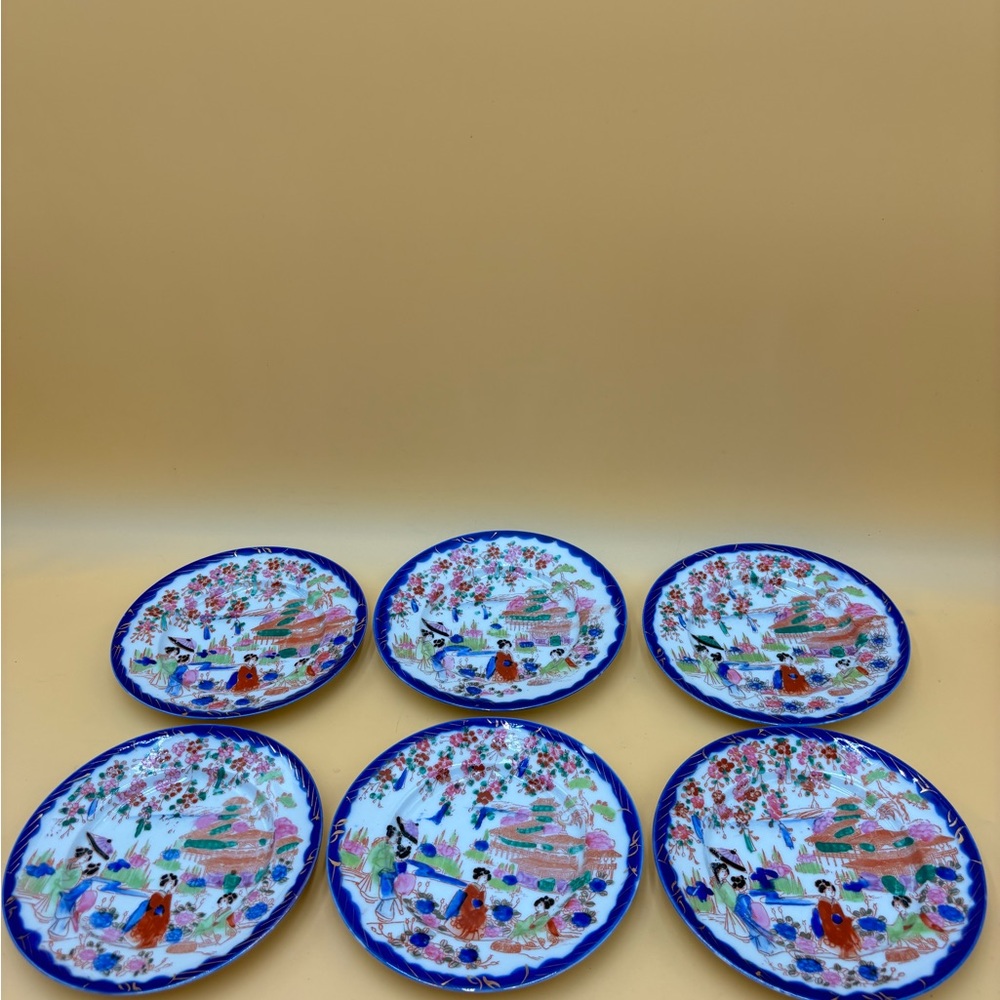 Vintage geisha hand painted plates cobalt blue set of 6, Asian decor - Picture 2 of 9